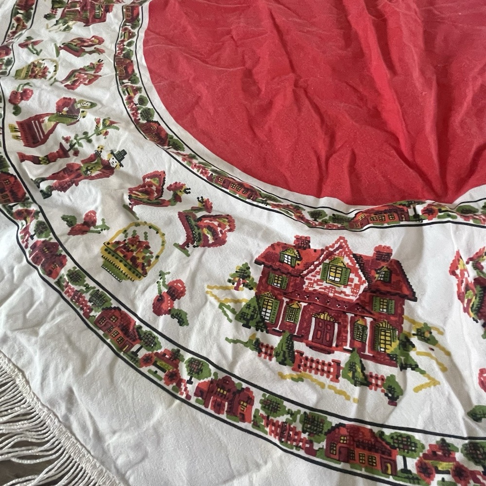 Vintage Folk Art Pennsylvania Dutch Round Table Cloth 53" Across Fringe Farm
